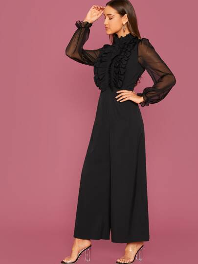 Modelyn Bộ đồ liền thân ống rộng thanh lịch màu đen dài tay viền ren Frill Trim