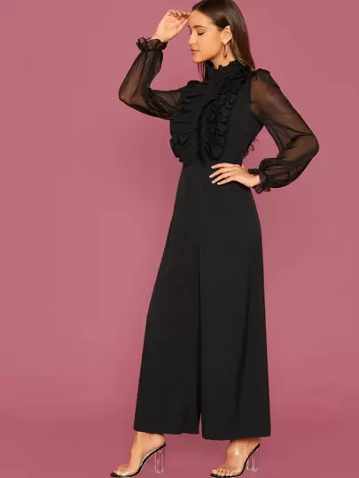 Modelyn Bộ đồ liền thân ống rộng thanh lịch màu đen dài tay viền ren Frill Trim