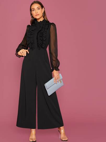 Modelyn Bộ đồ liền thân ống rộng thanh lịch màu đen dài tay viền ren Frill Trim