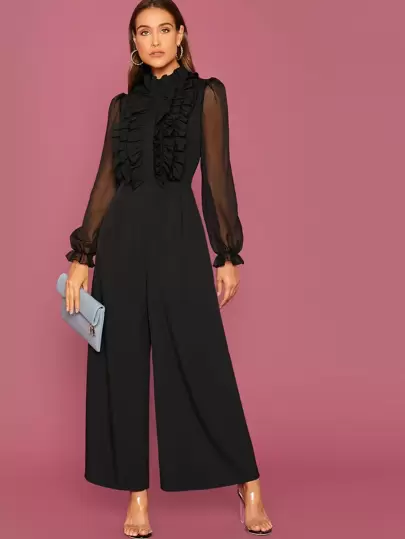 Modelyn Frill Trim Sheer Long Sleeve Black Elegant Wide Leg Jumpsuit