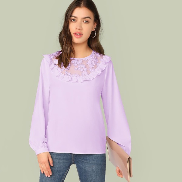 

Embroidery Mesh Yoke Ruffle Trim Top, Purple pastel