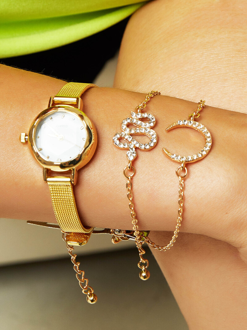 

2pcs Rhinestone Engraved Moon & Serpentine Decor Chain Bracelet, Gold