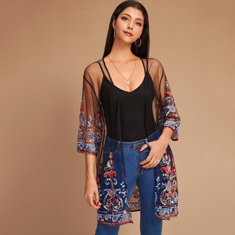 

Open Front Embroidery Mesh Kimono, Black