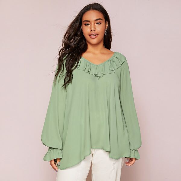 

Plus Ruffle Trim Asymmetrical Hem Top, Green pastel
