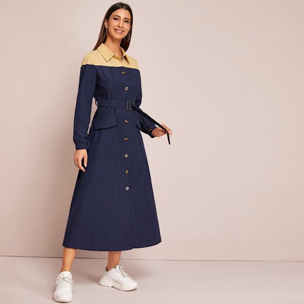 

Colorblock Buckle Belted Shirt Dress, Navy
