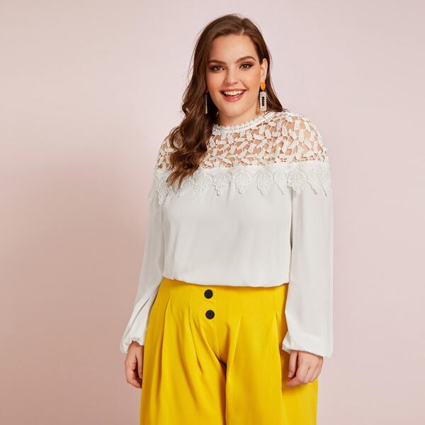 

Plus Guipure Lace Yoke Lantern Sleeve Top, White