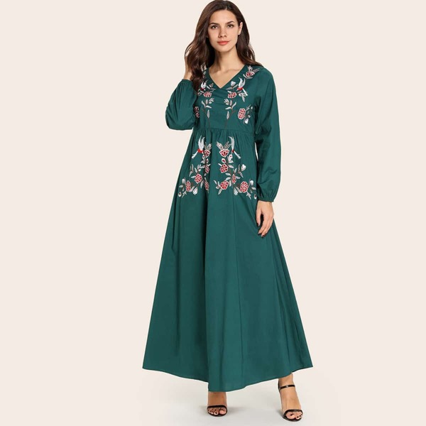 

Flower Embroidered Bishop Sleeve Dress, Green