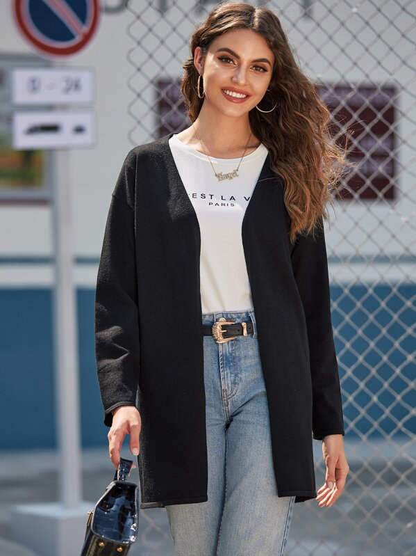 

Solid Open Front Coat, Black, Barbara C