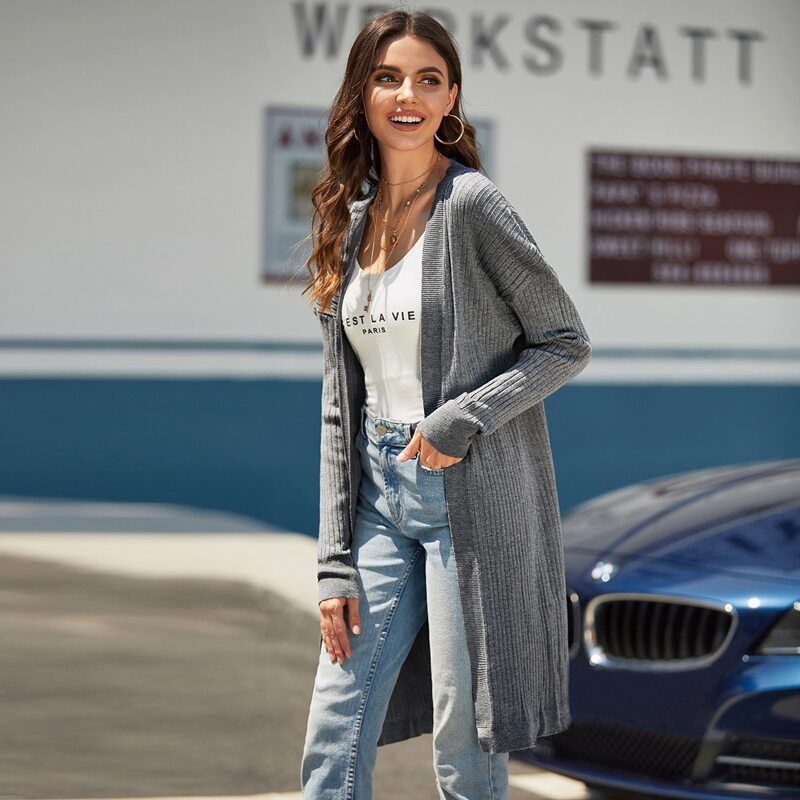 

Drop Shoulder Open Front Rib-knit Cardigan, Grey