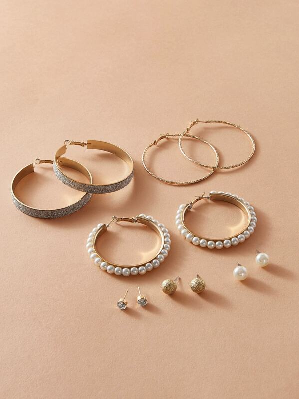 

6pairs Faux Pearl & Rhinestone Decor Earrings, Gold