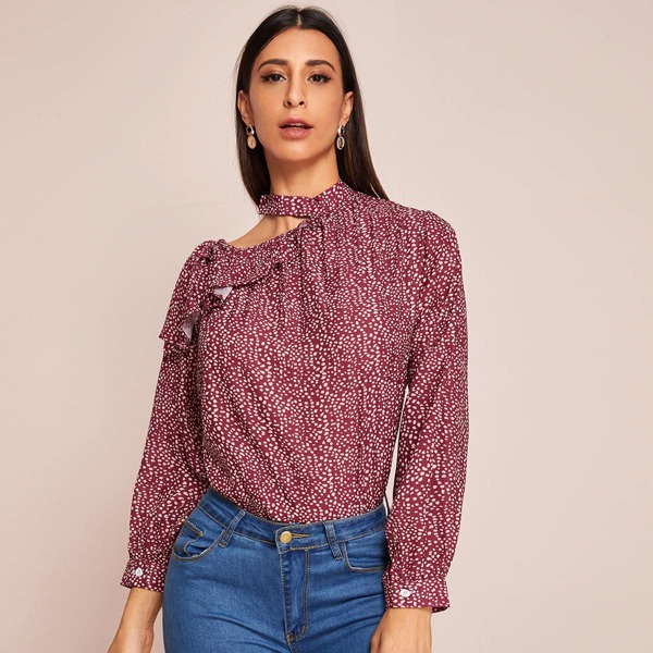 

Dalmatian Print Ruffle Trim Asymmetrical Collar Blouse, Red