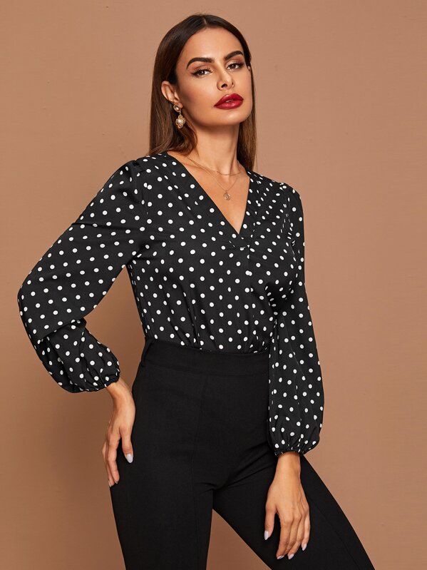 

V-Neck Lantern Sleeve Polka Dot Top, Black, Andy