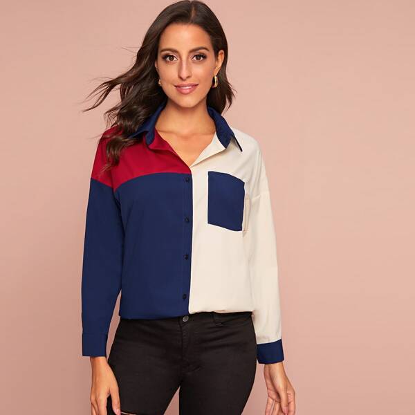 

Colorblock Pocket Patched Spliced Blouse, Multicolor