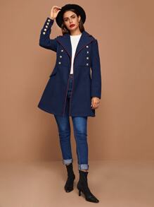 SHEIN Abrigo con botón de cuello V ribete en contraste - Azul Marino - Ver 3