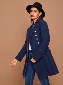 SHEIN Abrigo con botón de cuello V ribete en contraste - Azul Marino - Ver 4