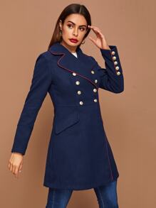 SHEIN Abrigo con botón de cuello V ribete en contraste - Azul Marino - Ver 5