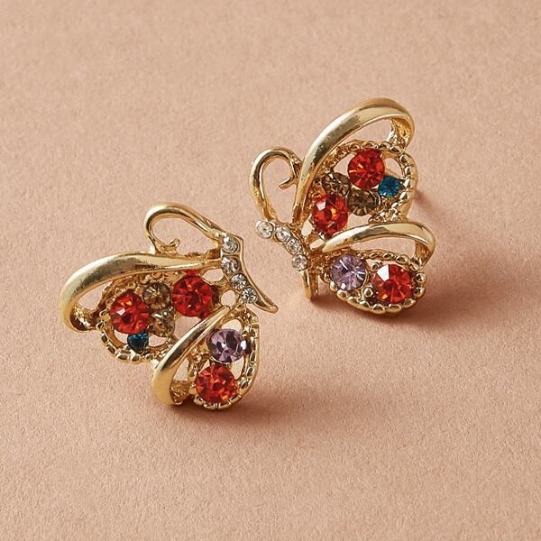 

1pair Rhinestone Engraved Butterfly Stud Earrings, Multicolor