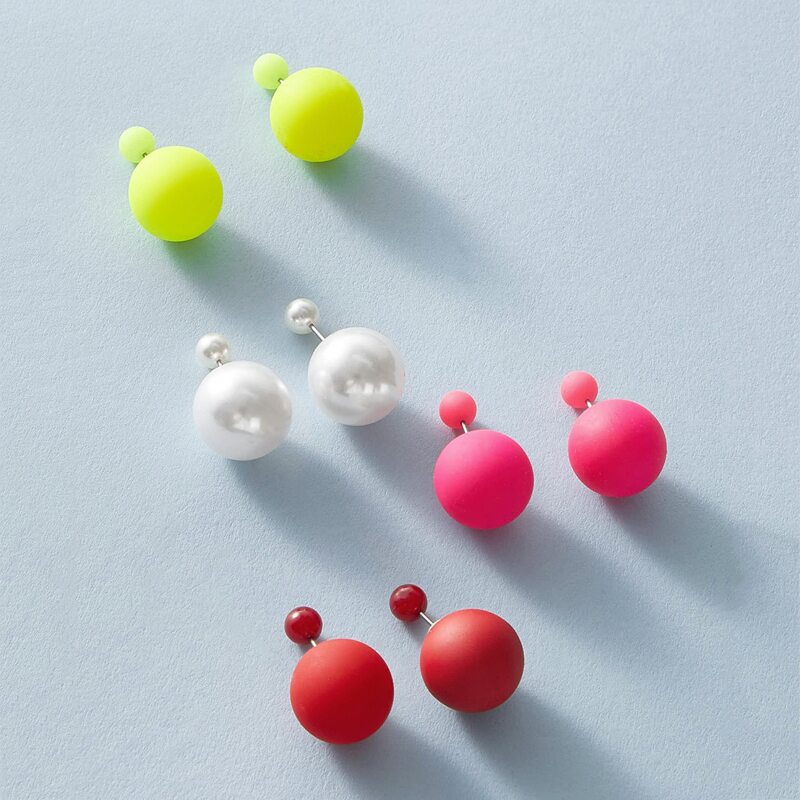 

4pairs Faux Pearl & Neon Ball Stud Earrings, Multicolor