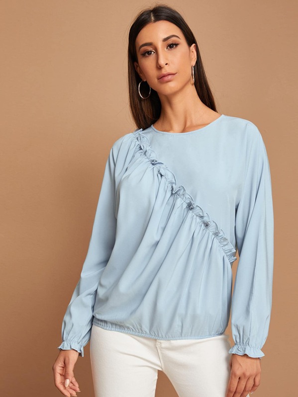 

Frill Trim Keyhole Back Solid Blouse, Blue, Gabe
