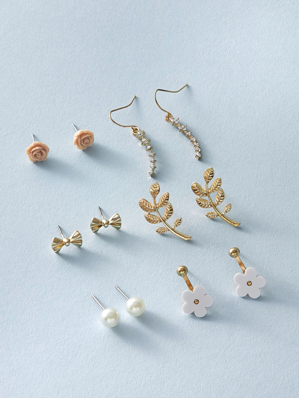 

6pairs Faux Pearl & Flower Decor Earrings, Multicolor