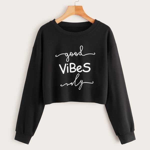 

Letter Graphic Crop Sweatshirt, Black
