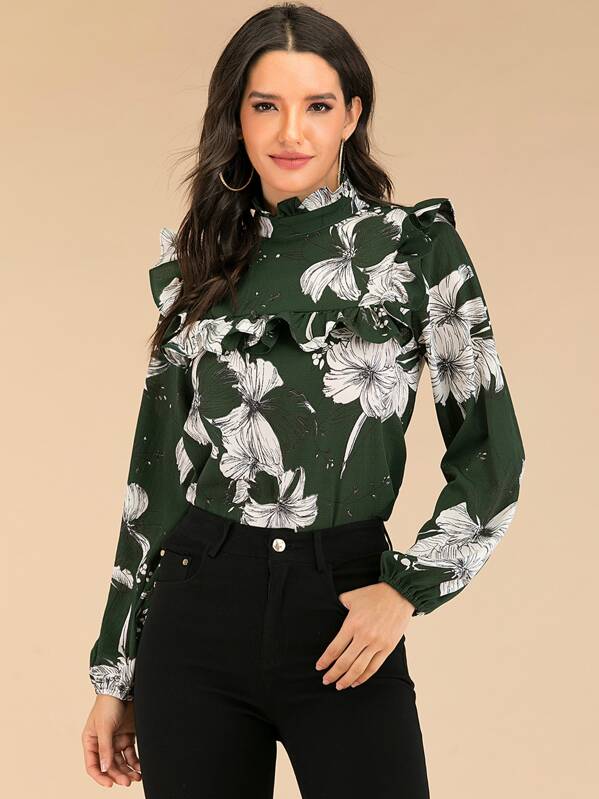 

Floral Print Ruffle Trim Blouse, Green, Juliana