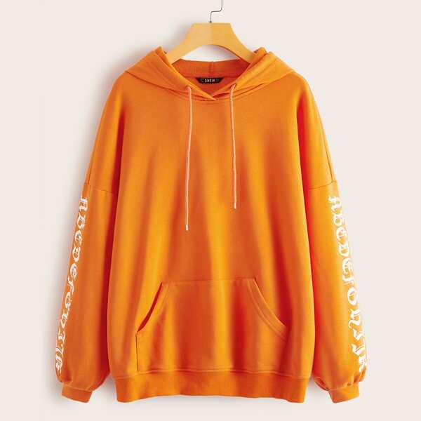 

Neon Orange Pouch Pocket Letter Graphic Hoodie, Orange bright