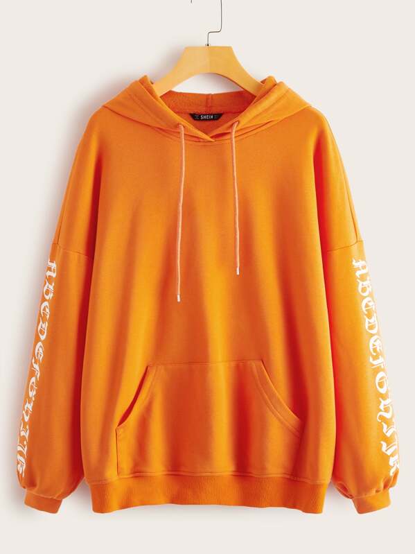 

Neon Orange Pouch Pocket Letter Graphic Hoodie