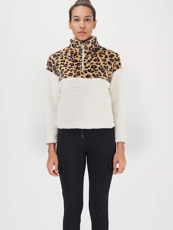 Leopard Pattern Zip Front Teddy Sweatshirt, Multicolor
