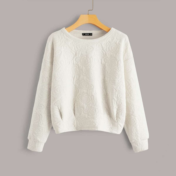 

Drop Shoulder Flower Textured Sweatshirt, Beige
