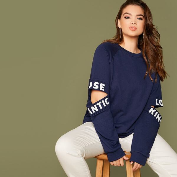 

Plus Letter Graphic Ripped Raglan Sleeve Pullover, Navy