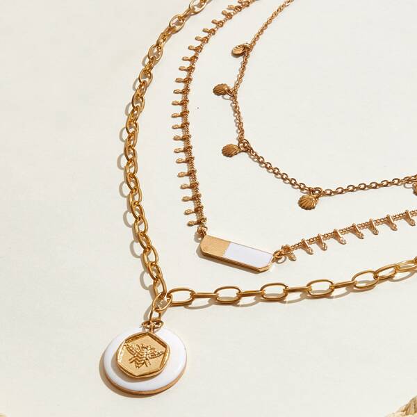 

1pc Bee & Shell Charm Layered Necklace, Gold