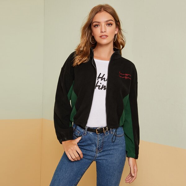 

Embroidery Detail Colorblock Teddy Jacket, Black