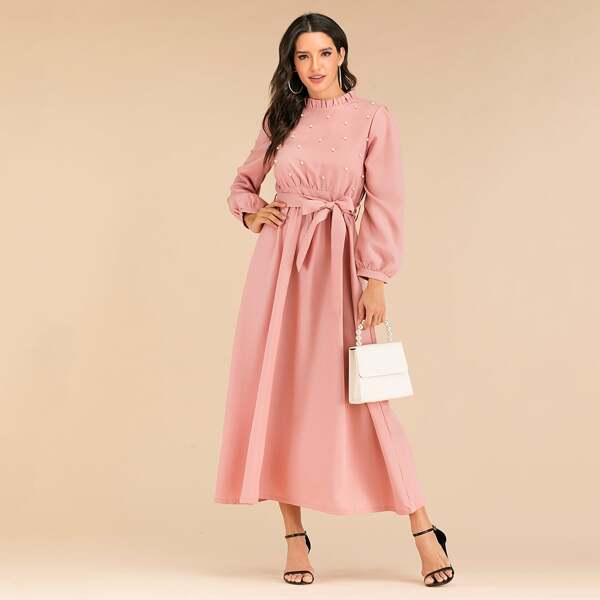 

Beaded Ruffle Neck Belted Dress, Pink