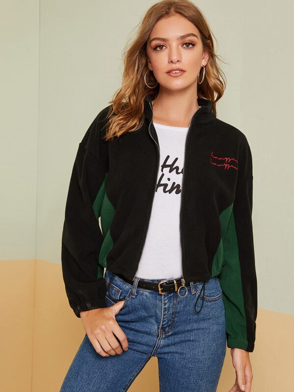 

Embroidery Detail Colorblock Teddy Jacket, Black, Luiza