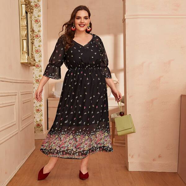 

Plus Ditsy Floral Flounce Sleeve Chiffon Dress, Black