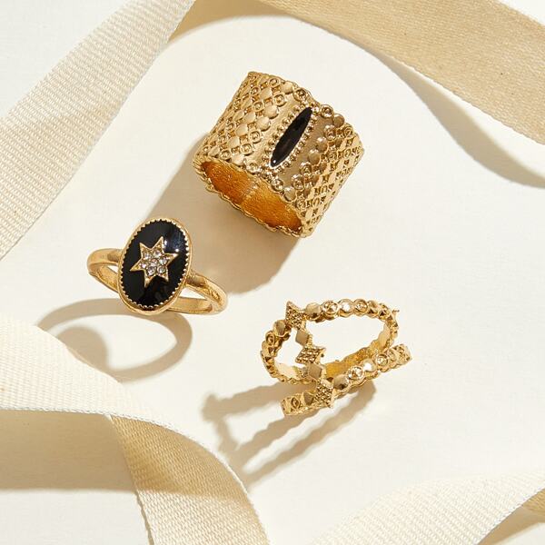 

3pcs Rhinestone Engraved Star & Textured Decor Ring, Gold