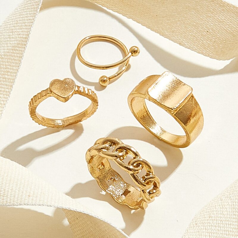 

4pcs Heart & Link Decor Ring, Gold