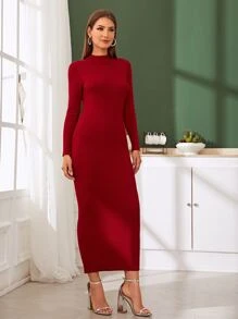 Modelyn Ribbed Knit Mock Neck Bodycon Jumper Dress - Burgundy - View 3