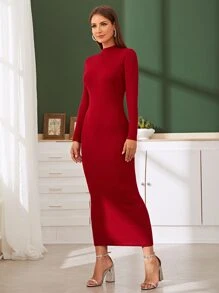 Modelyn Ribbed Knit Mock Neck Bodycon Jumper Dress - Burgundy - View 4