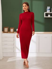 Modelyn Ribbed Knit Mock Neck Bodycon Jumper Dress - Burgundy - View 5