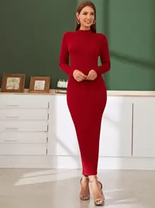 Modelyn Ribbed Knit Mock Neck Bodycon Jumper Dress - Burgundy - View 1
