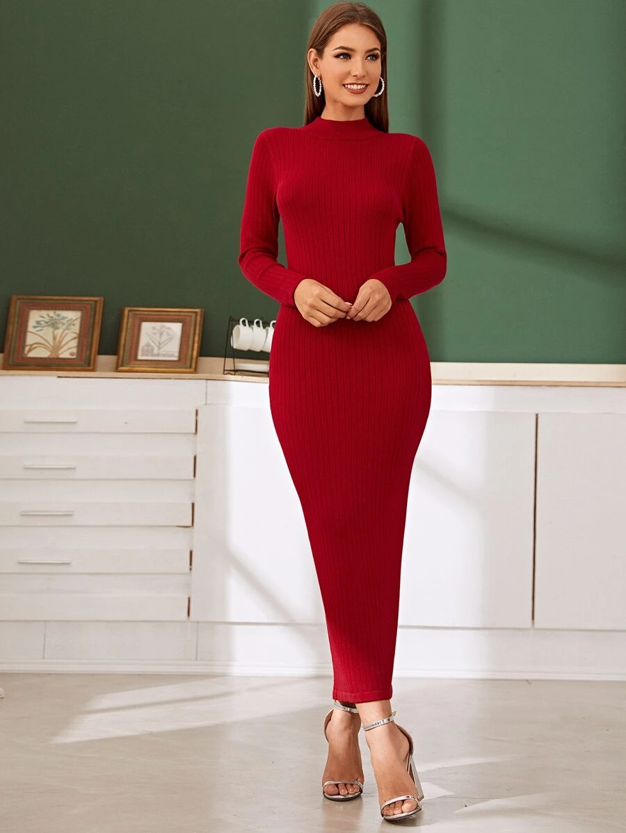 Modelyn Ribbed Knit Mock Neck Bodycon Jumper Dress - Burgundy - View 1