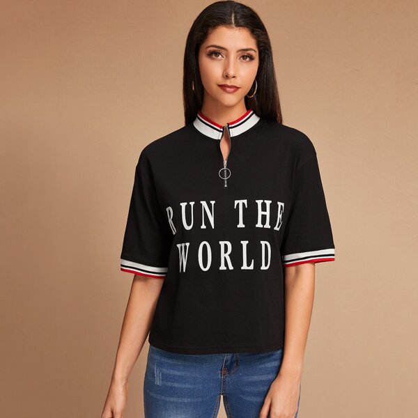 

Zip Half Placket Slogan Graphic Striped Ringer Top, Black