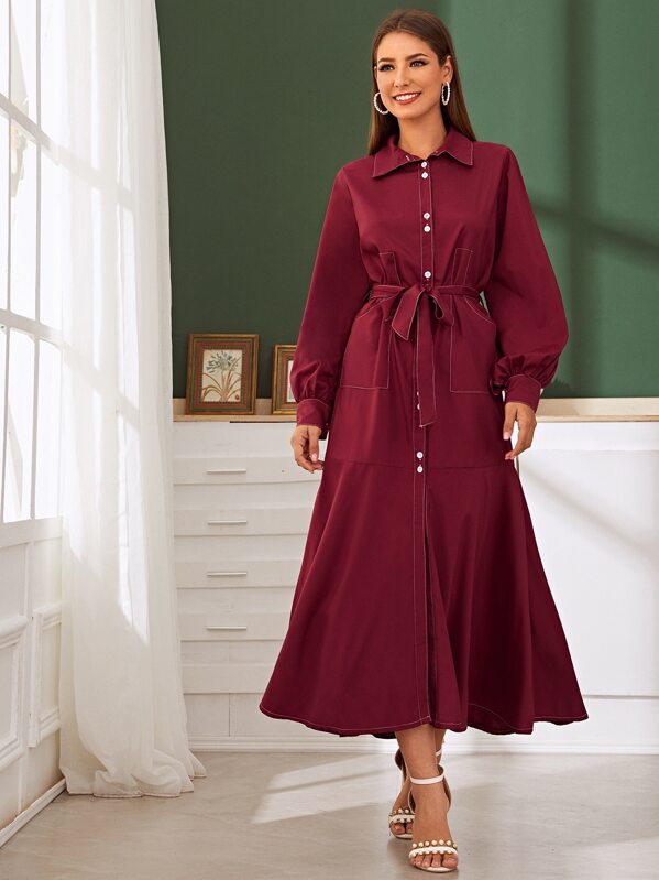 

Solid Lantern Sleeve Belted Shirt Dress, Burgundy, Debi Cruz
