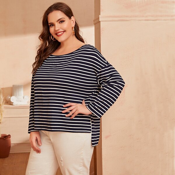 

Plus Drop Shoulder Split Stepped Hem Striped Top, Navy