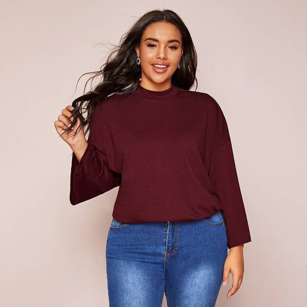 

Plus Mock Neck Drop Shoulder Solid Tee, Burgundy