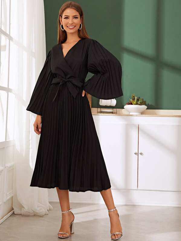 

Pleated Surplice Front Belted Dress, Black, Debi Cruz