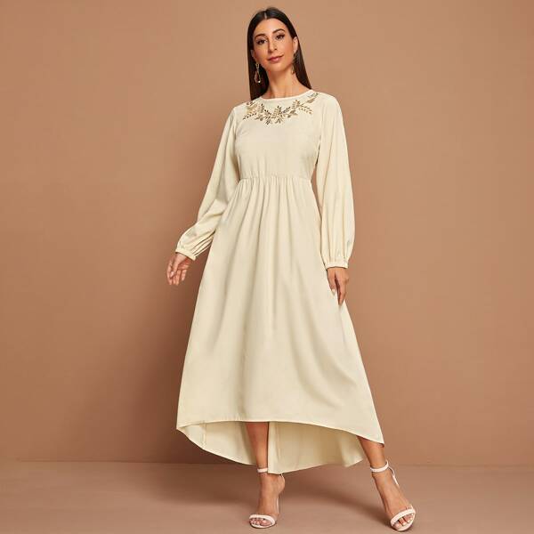 

Leaf Embroidered Drip Hem Dress, Beige