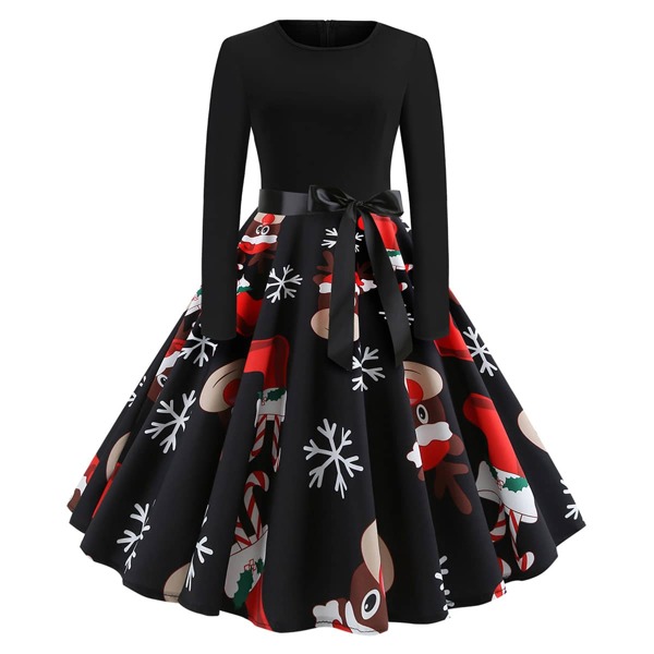 

Plus Christmas Print Belted Ball Gown Dress, Multicolor